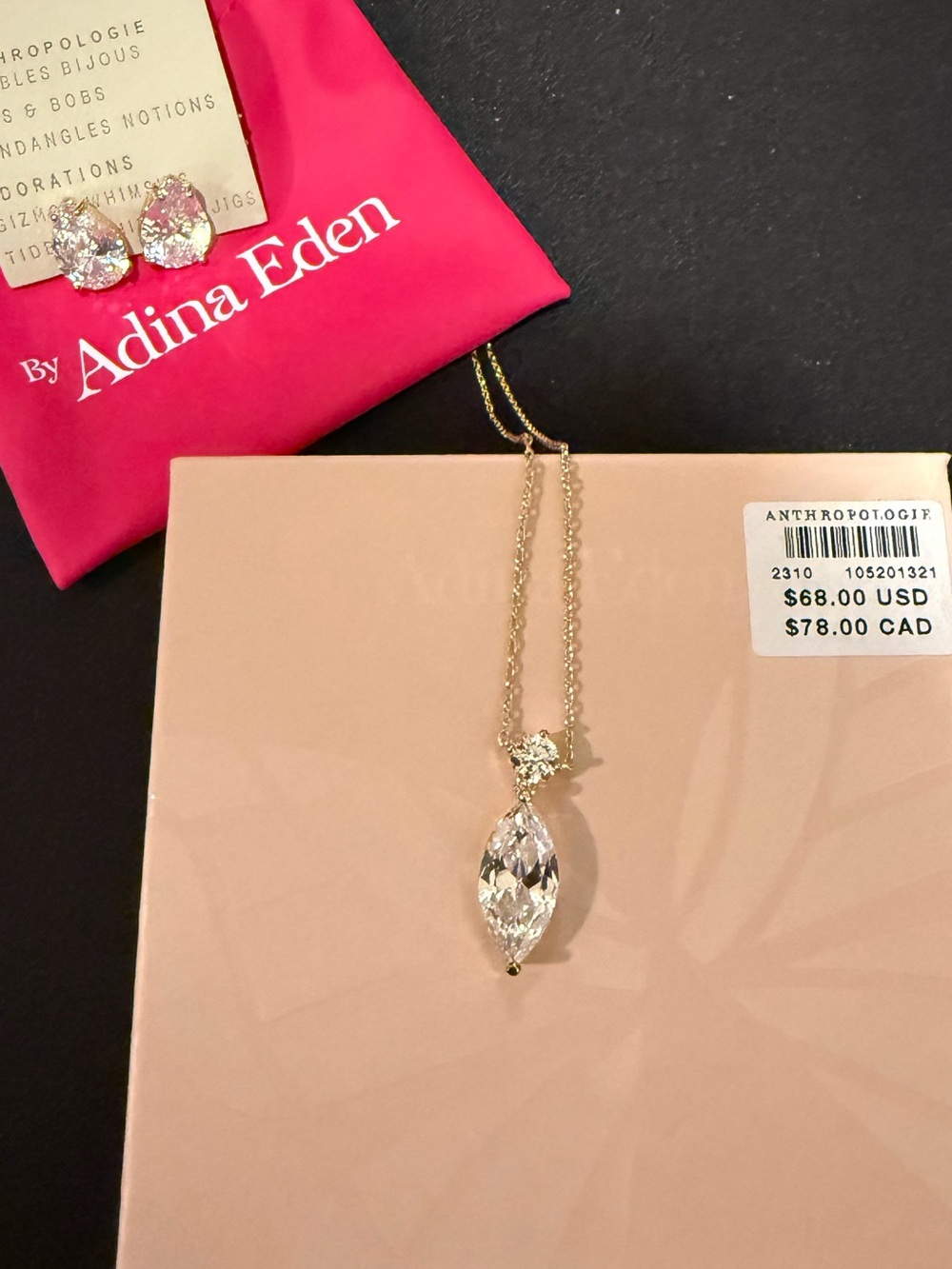 Anthropologie Gold Necklace with Clear Marquise Crystal Pendant, w/earrings